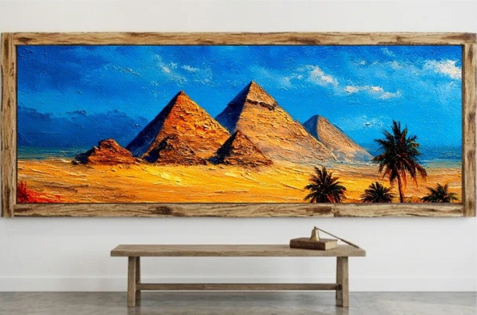 🖼️ Tableau panoramique lumineux – Pyramides & désert avec cadre en bois