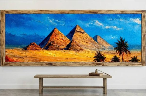 🖼️ Tableau panoramique lumineux – Pyramides & désert avec cadre en bois
