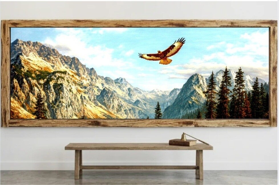🖼️ Tableau panoramique – Montagnes majestueuses & aigle en vol (cadre bois)