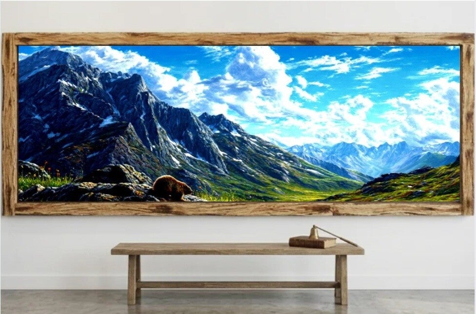 ⛰️Tableau panoramique montagne avec cadre en bois – Décoration murale nature