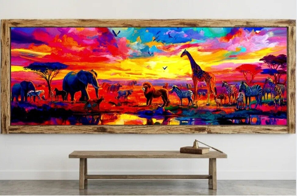 🐘Tableau panoramique savane coucher de soleil multicolore avec cadre en bois