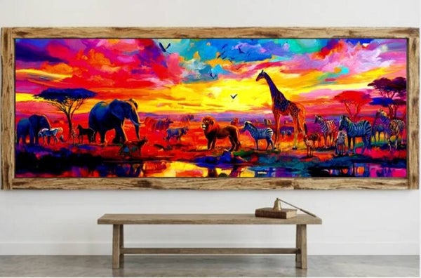 🐘Tableau panoramique savane coucher de soleil multicolore avec cadre en bois