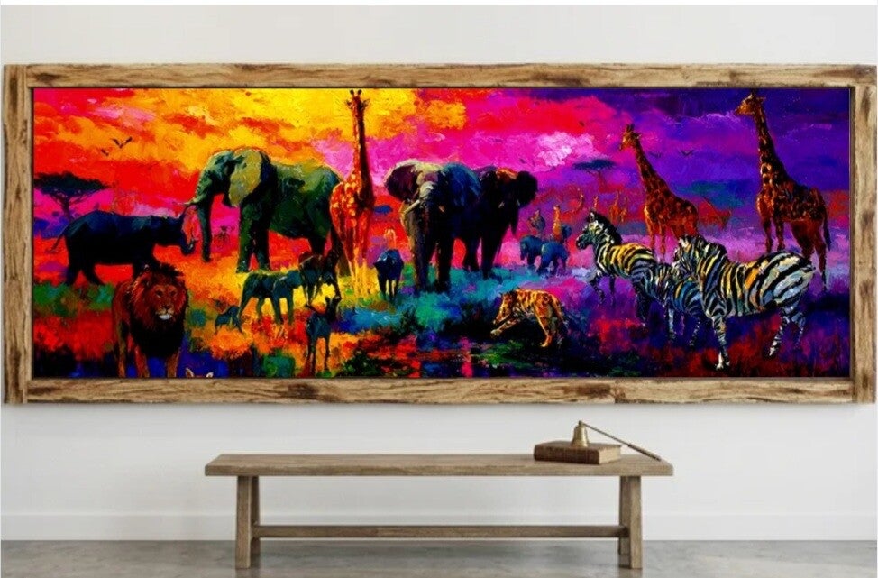 🦒Tableau panoramique animaux de la savane multicolore avec cadre en bois