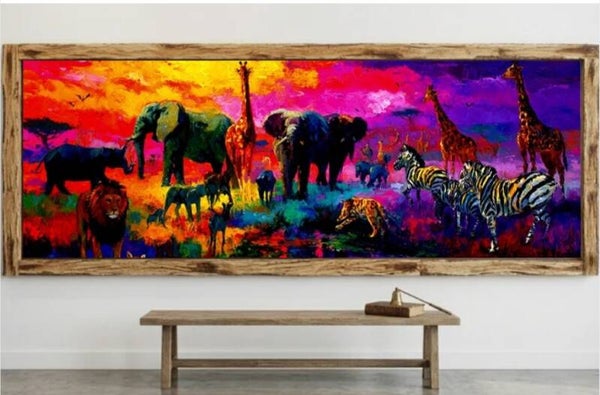 🦒Tableau panoramique animaux de la savane multicolore avec cadre en bois