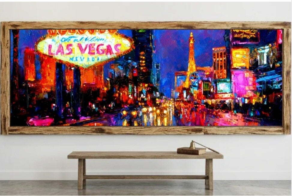🗽Tableau panoramique “Welcome to Las Vegas” style peinture avec cadre en bois