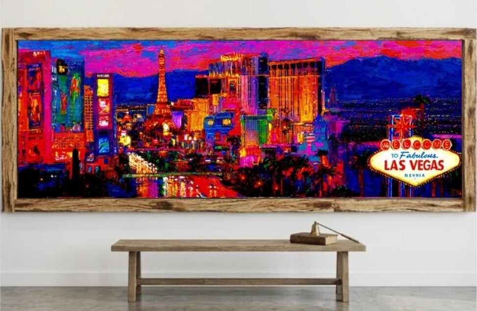 🗽Tableau panoramique Las Vegas néon avec cadre en bois