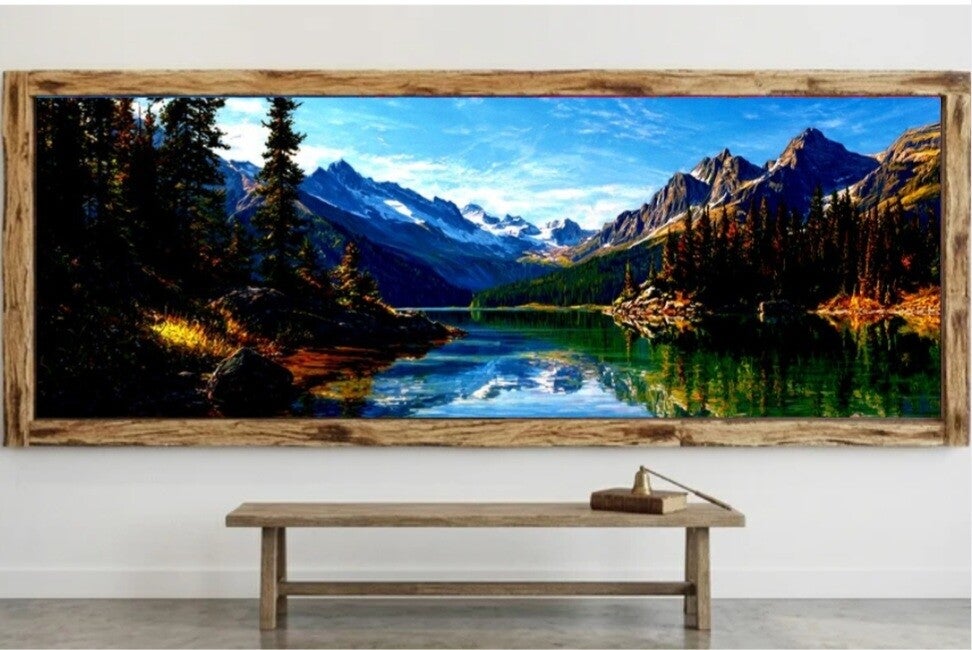 ⛰️Tableau panoramique paysage alpin avec cadre en bois