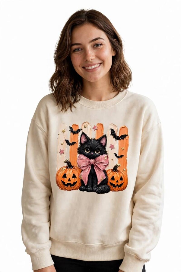 Halloween Pullover Damen Katze Kürbis