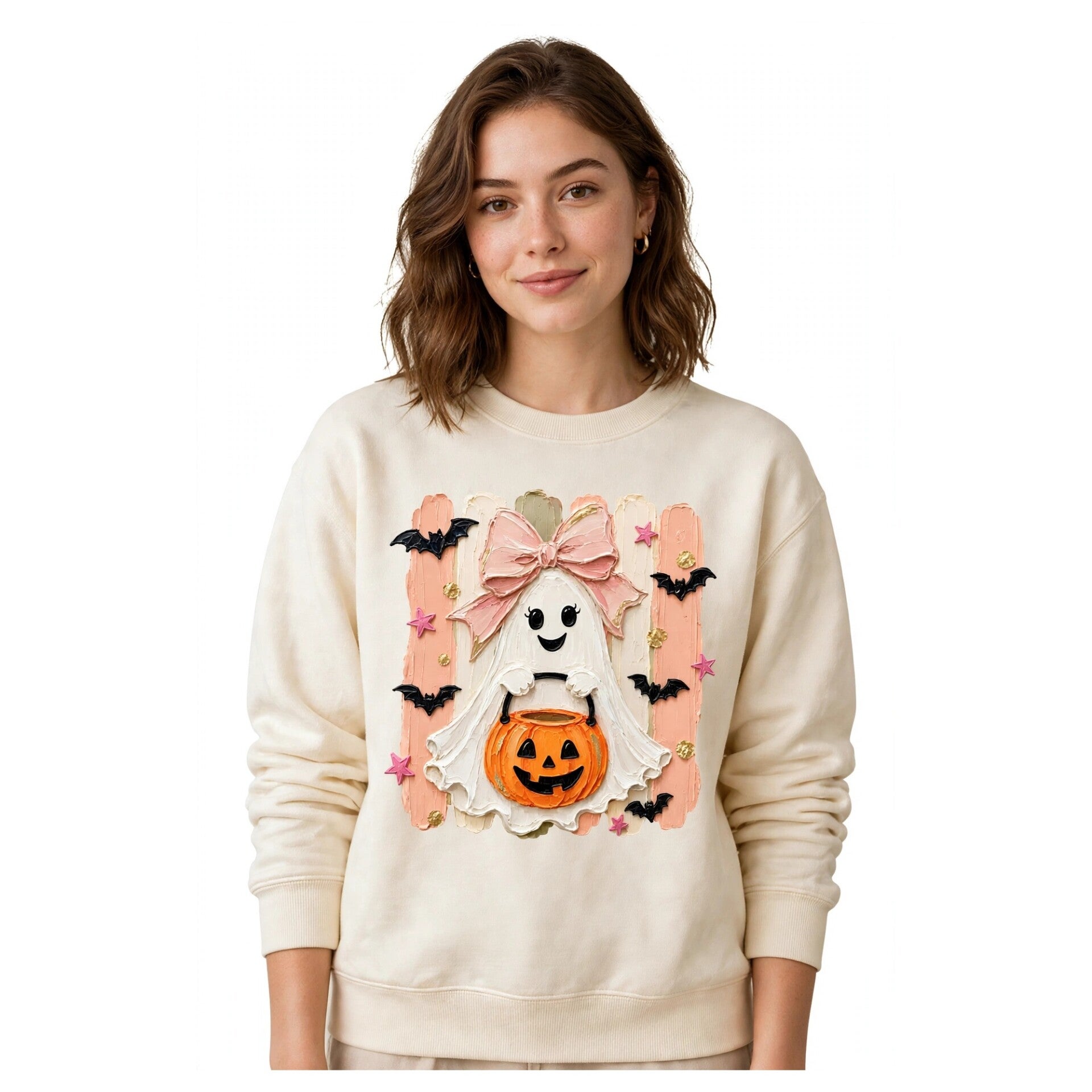 Halloween Sweatshirt Damen -Coquette Geist mit Kürbis!