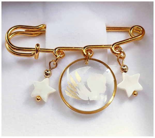 🔹Épingle de berceau "Ange Gardien" (Profil Blanc et or)