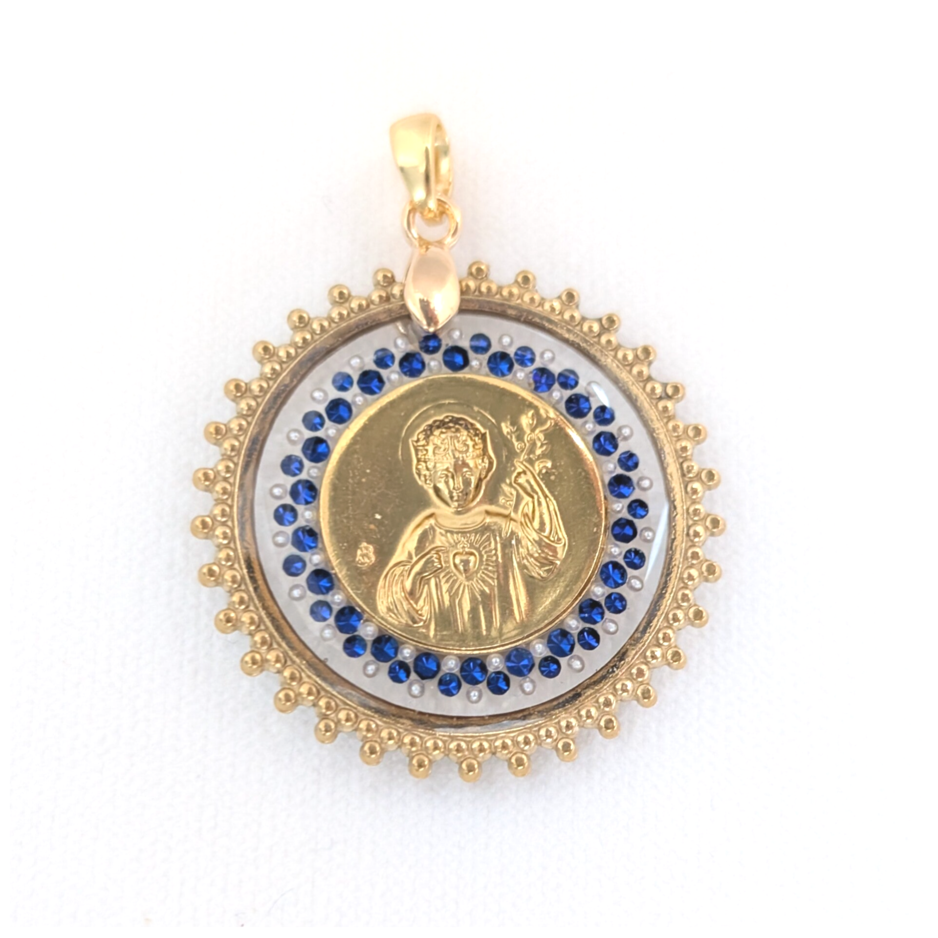 🔹Médaille Jésus Roi d'Amour MultiStrass Saphir cadre trilobé
