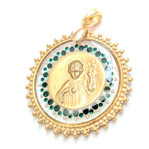 🔹Médaille Jésus Roi d'Amour MultiStrass Émeraude cadre trilobé