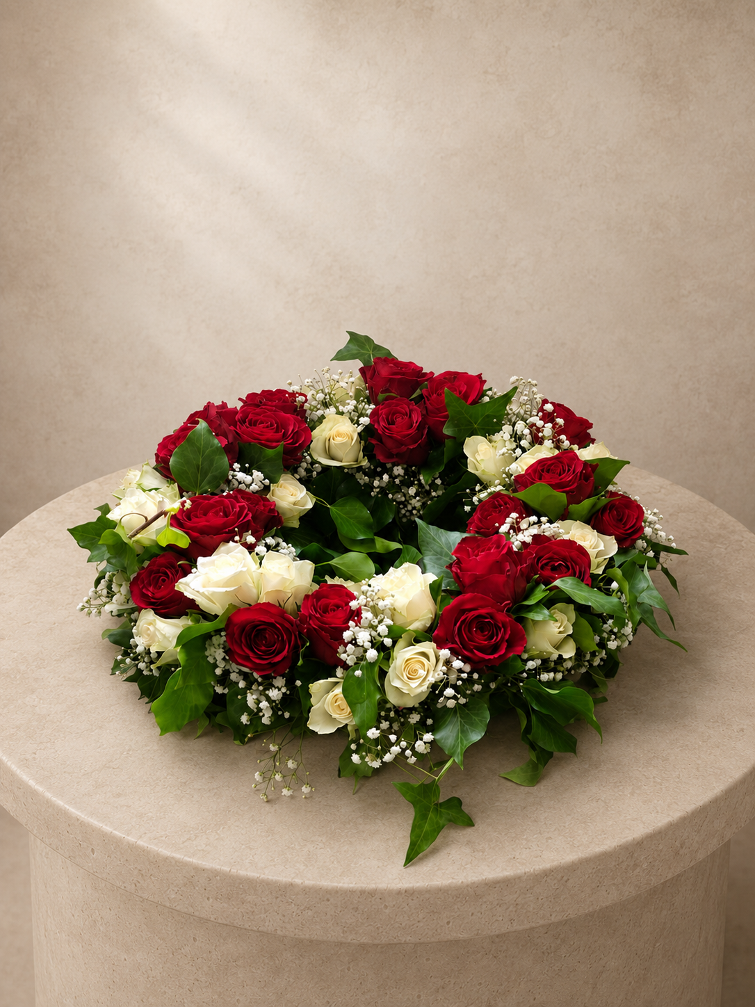 Urnenkranz klassisch mit weissen und roten Rosen - UK 5