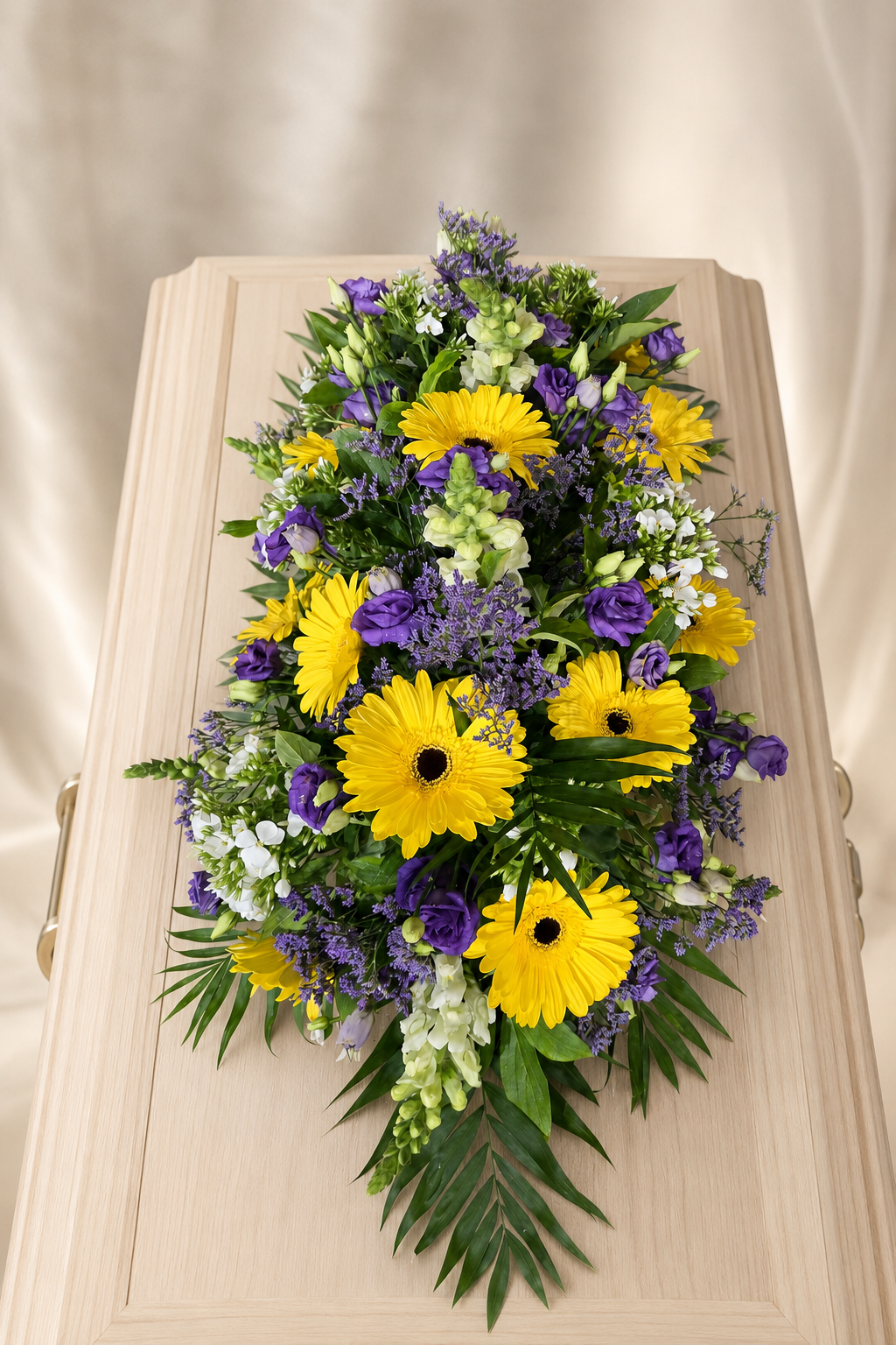 Sargbukett Sonnenblumen, lila Beiwerk - SB 1