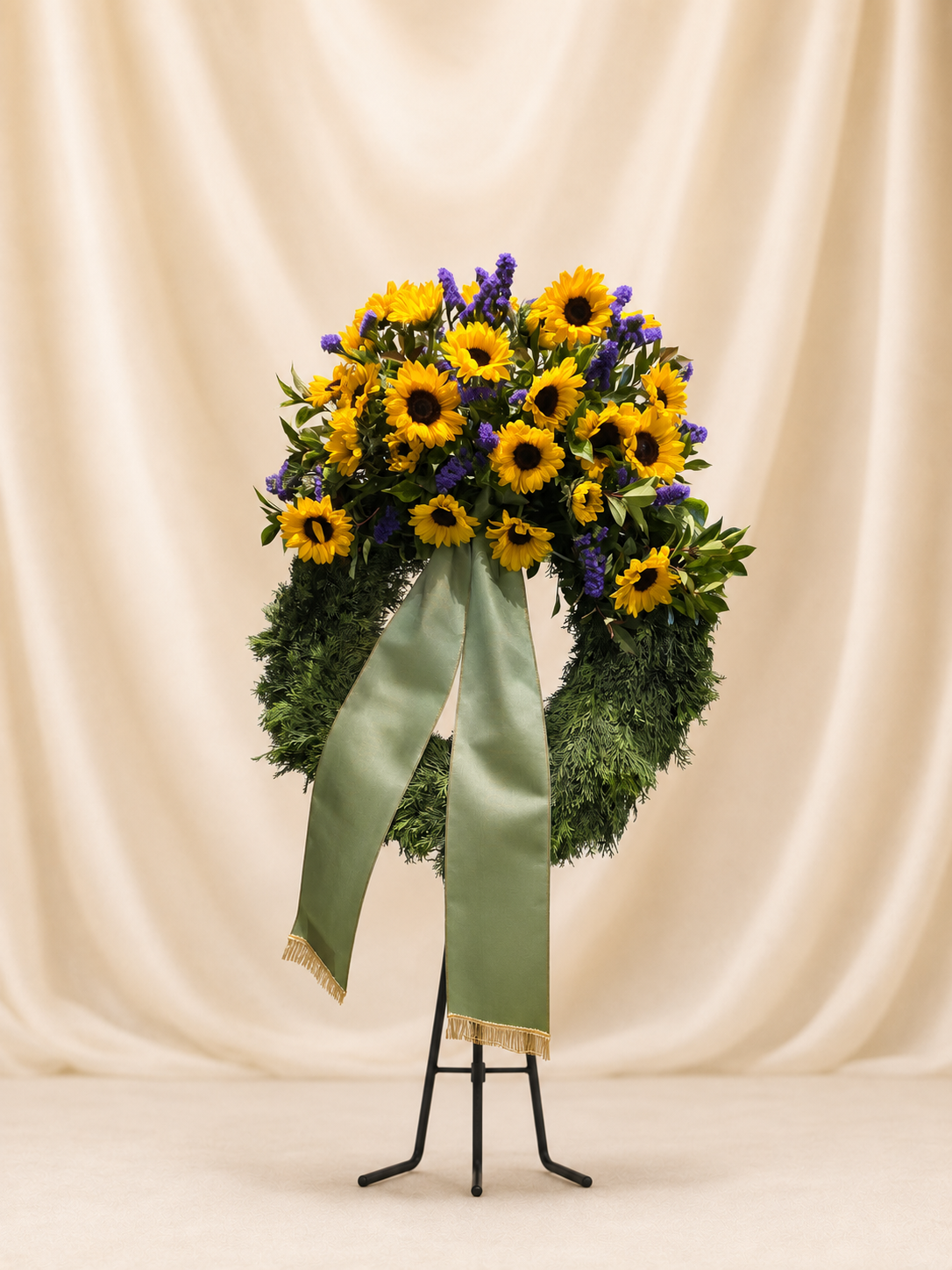 Trauerkranz kopfgarniert mit Sonnenblumen und lila Beiwerk - KG 2