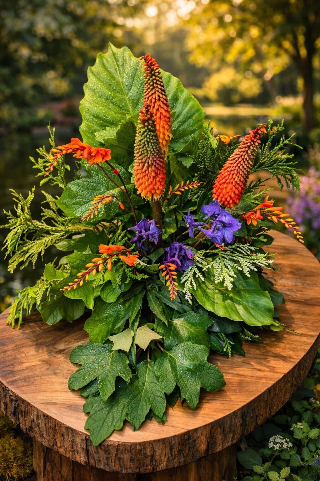 Gesteck mit Fackellilien und lila Blumen - Gesteck 2