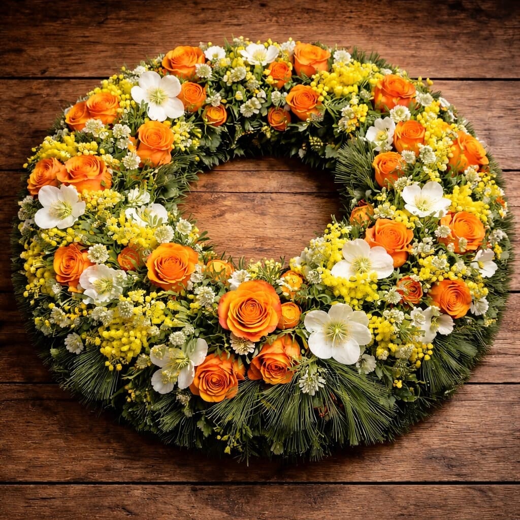 Trauerkranz zur Winterzeit - orange Rosen, Christrosen - RG 6