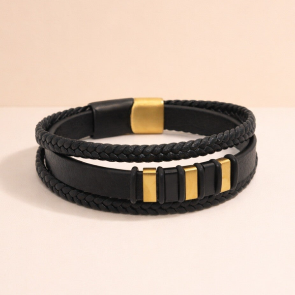 Asarmband - Lederen armband - Zwarte band met twee gevlochten banden - Goudendetails
