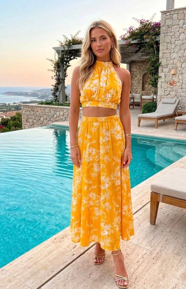 Oker geel setje lange hoge taille rok met top