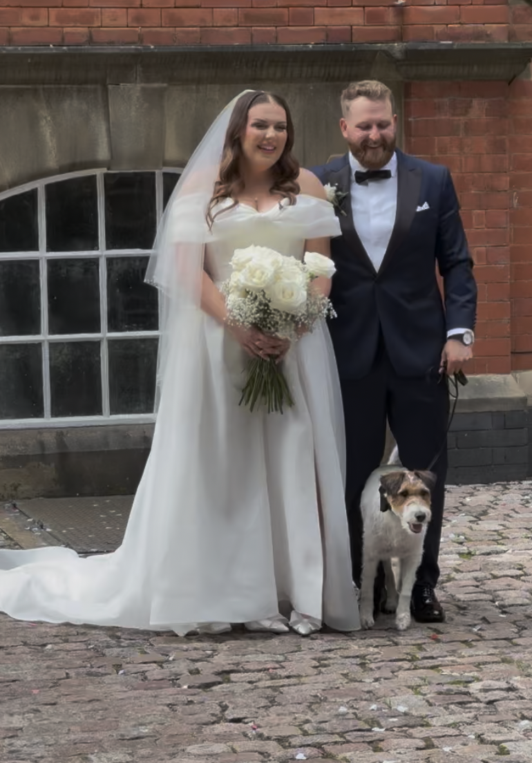 Bride, groom and Wedding dog The Pumping House/Jo's Pet Services