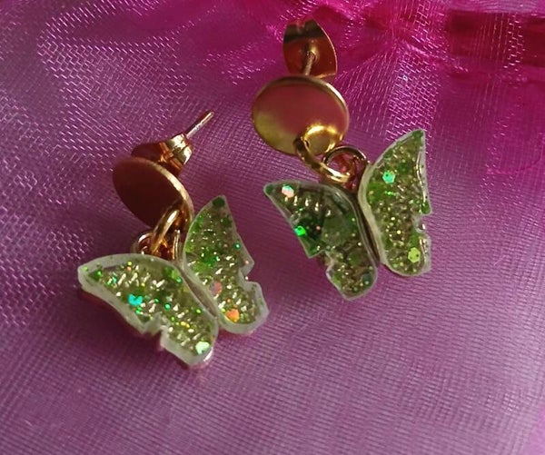 Vlinder Oorbellen – Groen Glitter & Blauw Glitter