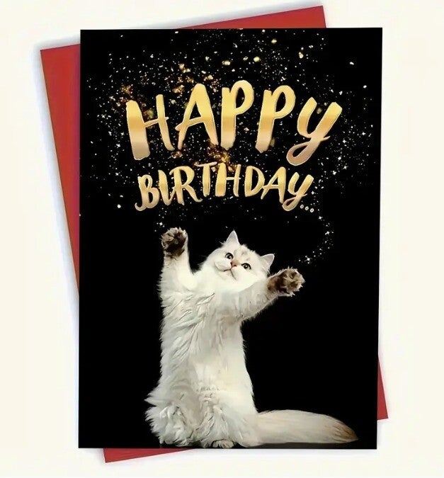 Verjaardagskaart "Happy Birthday – Feestkat in Goud"