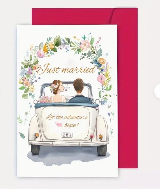 Huwelijkskaart "Just Married – Let the Adventure Begin"