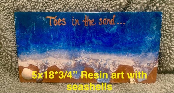 Wooden art-resin-Toes in the sand w/shells