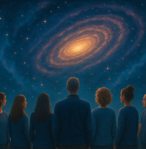 Groep mensen die zich verbinding met de kosmos, het universum waar onze oorsprong ligt