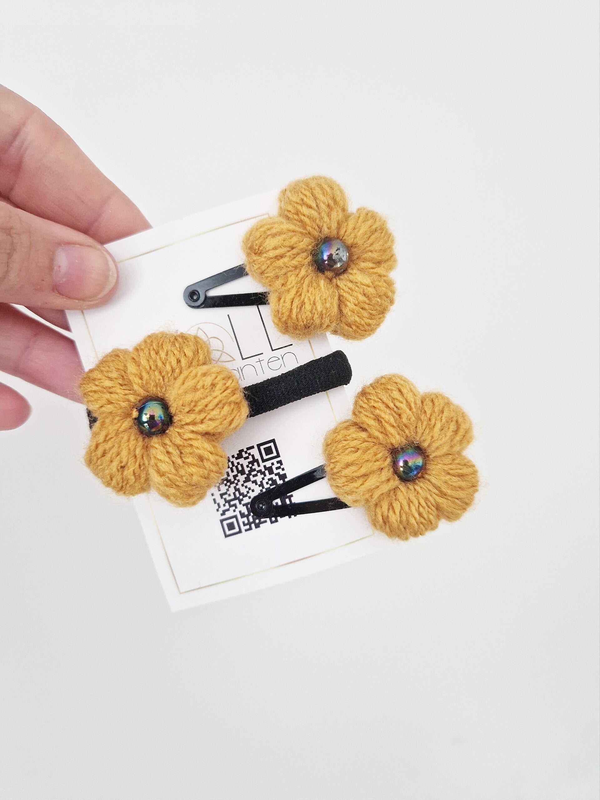 2er Haarspangen & Haargummi Blumen ocker schwarz