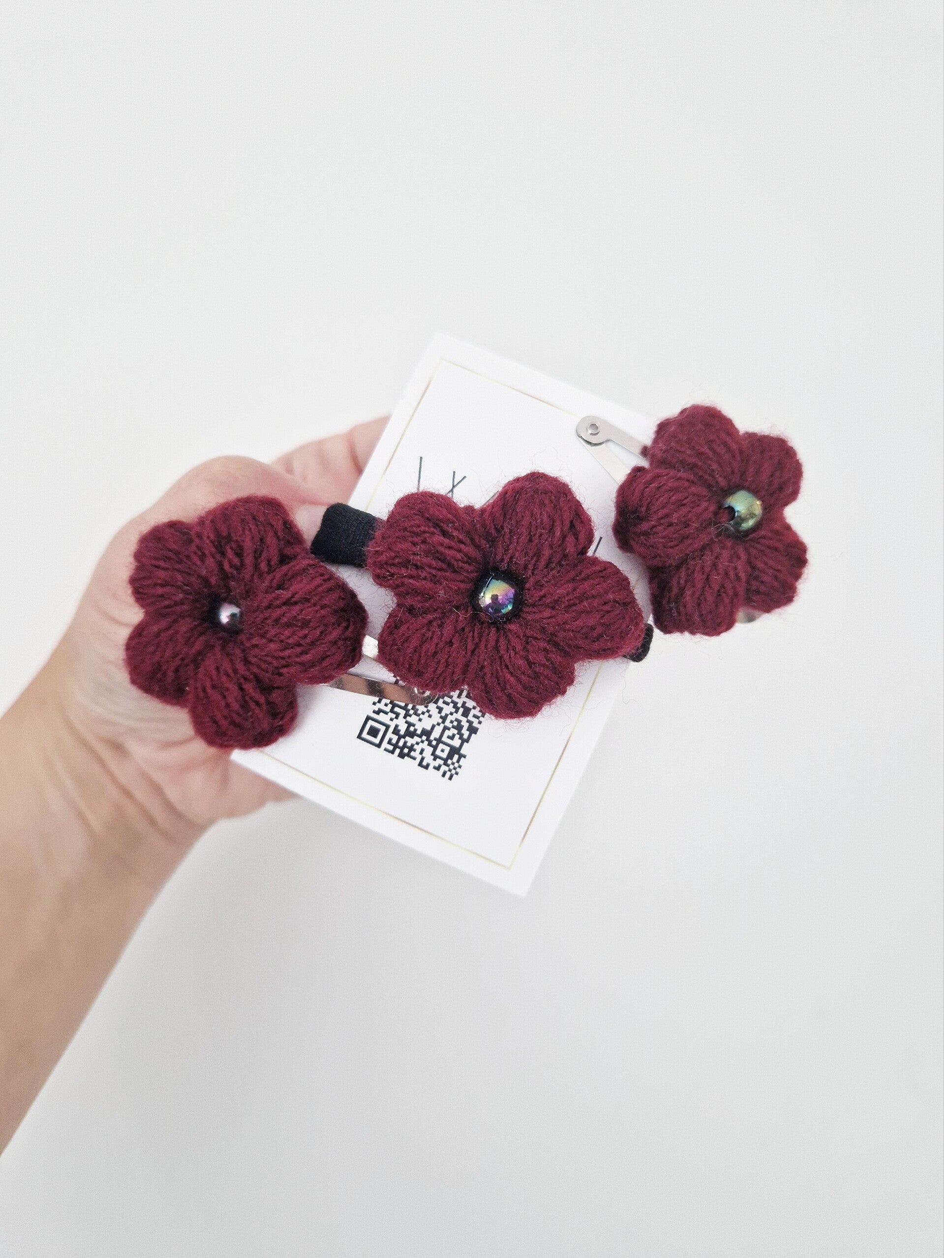 2er Haarspangen & Haargummi Blumen Bordeaux