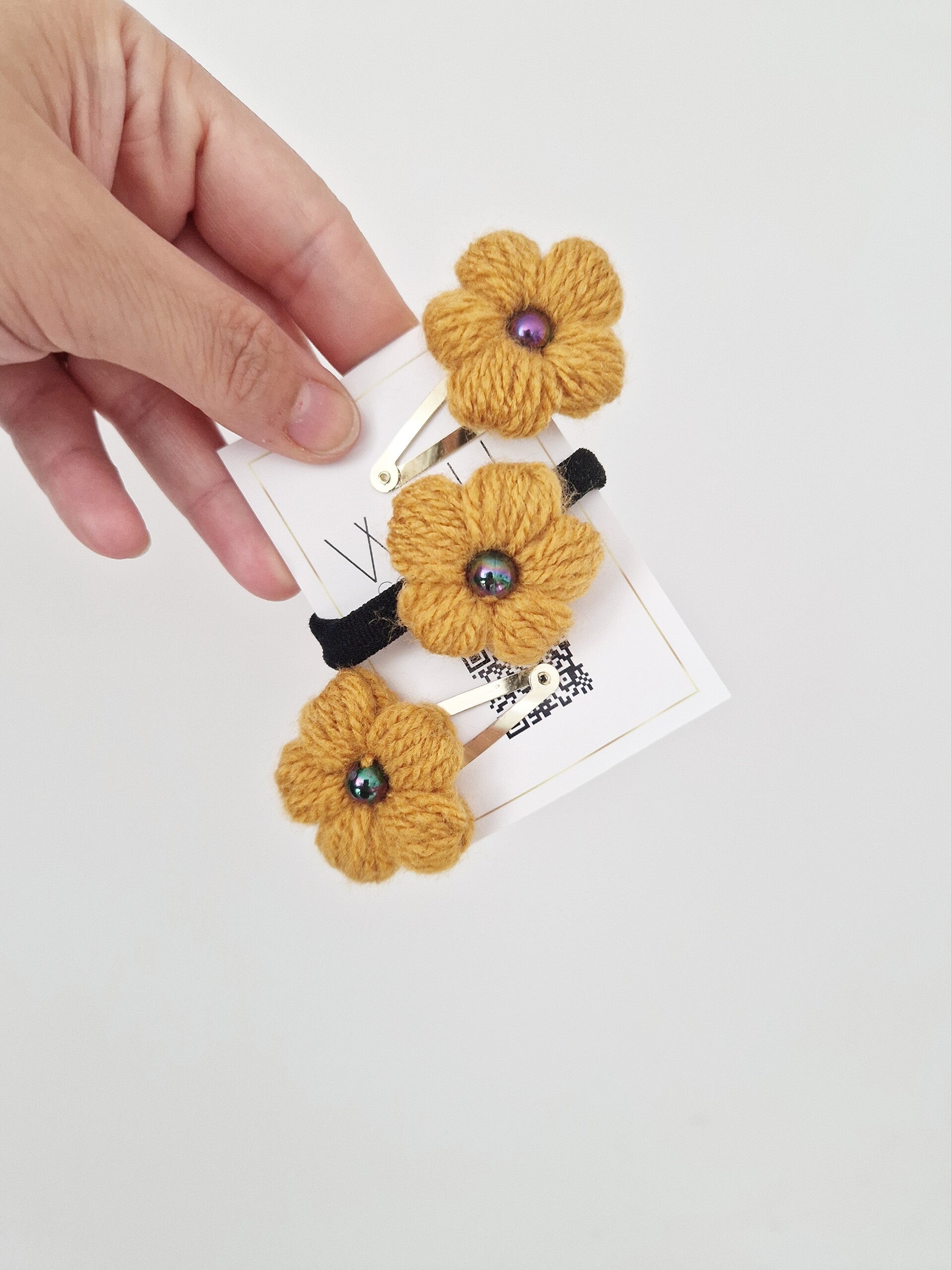 2er Haarspangen & Haargummi Blumen ocker/gold