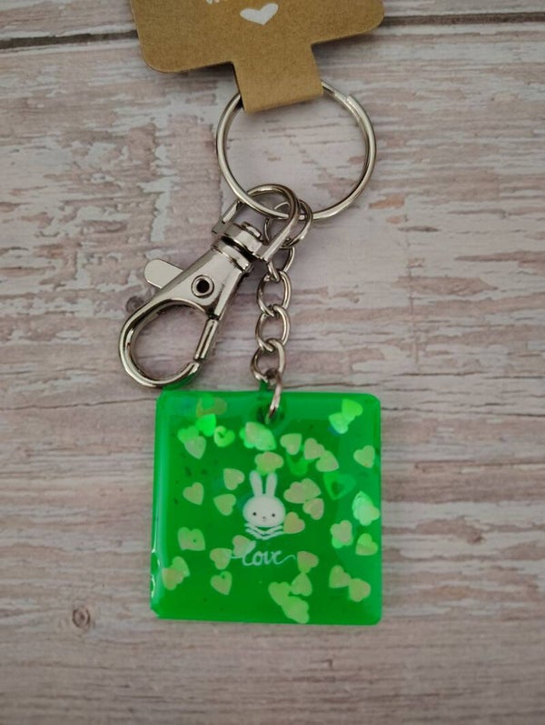 Square UV Resin Love Bunny Keychain