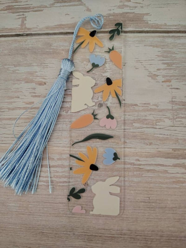 Acrylic Bookmark- Bunnies & flowers with carrots