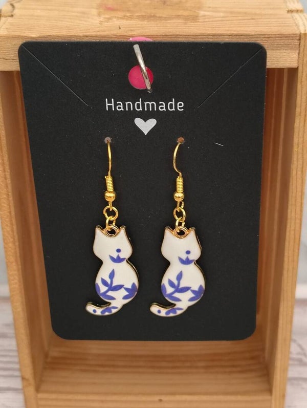 Classy Cat Earrings - White with Blue Flowers