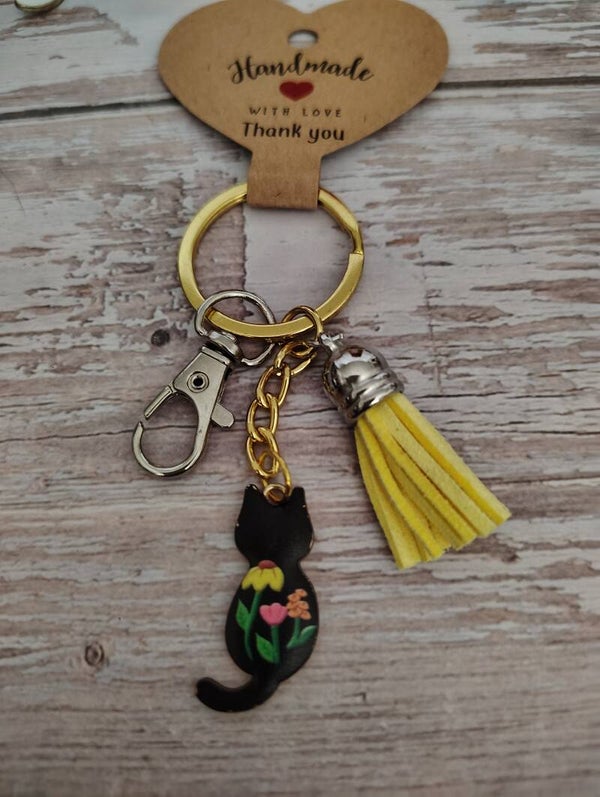 Classy Cat Keychain- Black with Flowers