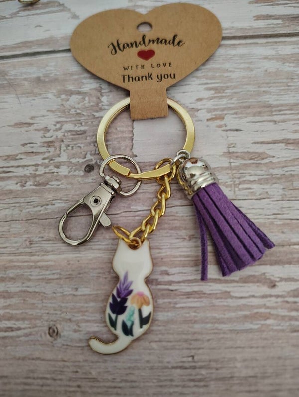 Classy Cat Keychain- White with Flowers
