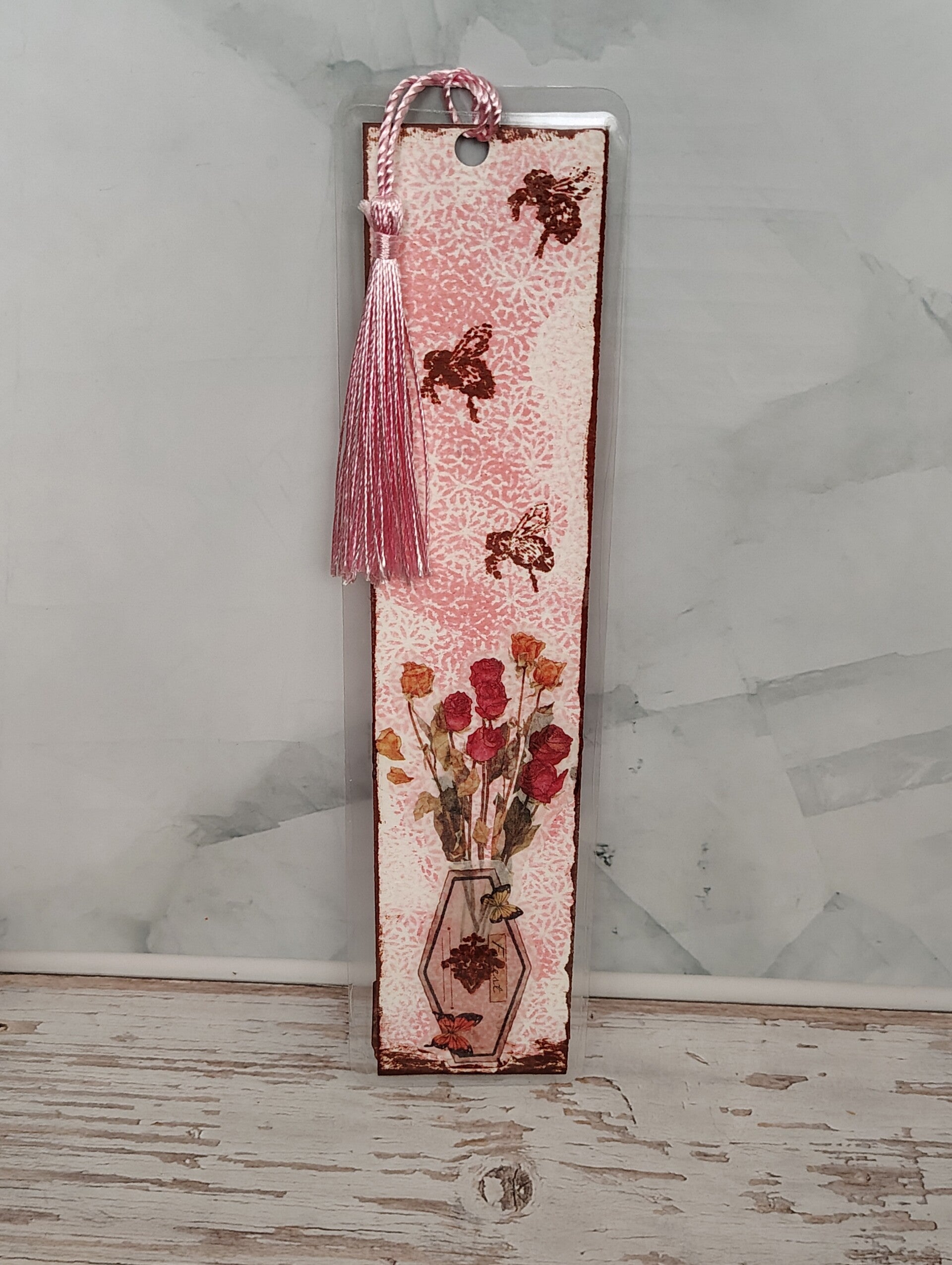 Collaged Bookmark - Roses & Bees