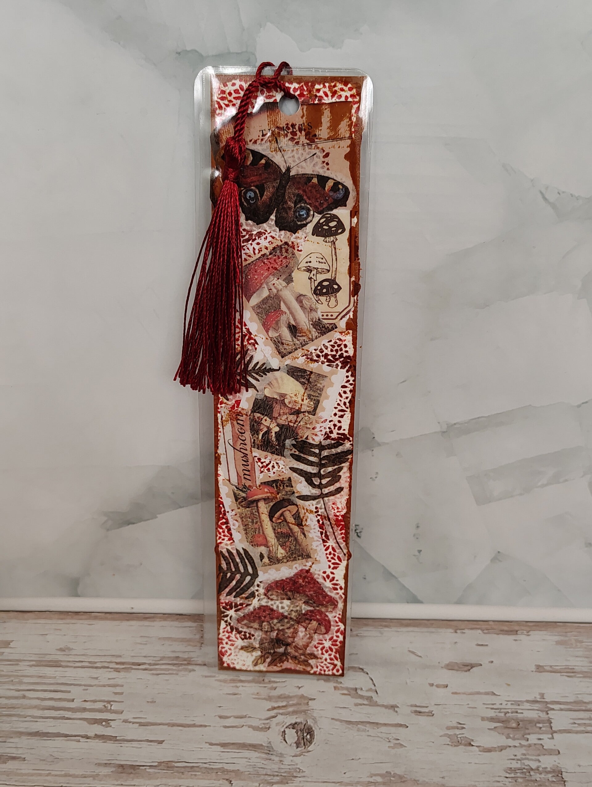 Collaged Bookmark - Mushrooms and a Butterfly