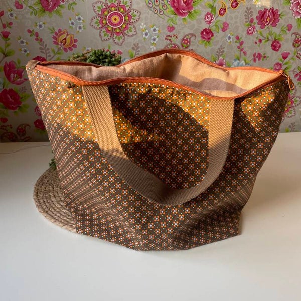 Projecttas XXL Bruin met oranje bloemetjes met rits