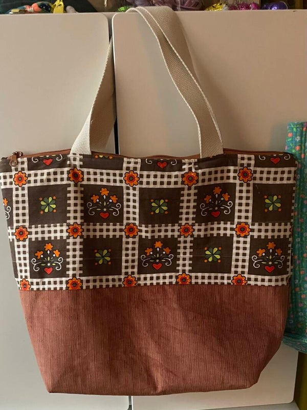 Projecttas XXL Retro Bruin ruitjes patroon folklore met rits