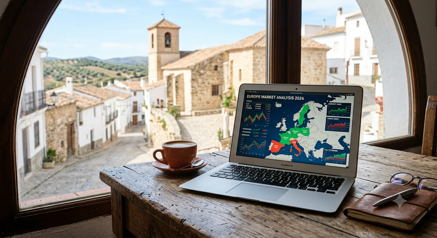 Un ordenador portátil mostrando análisis de mercado de Europa sobre una mesa de madera rústica con café y agenda. De fondo, una ventana arqueada con vistas a un pueblo tradicional de piedra. Ilustra la viabilidad económica y el análisis jurídico de Hogar 