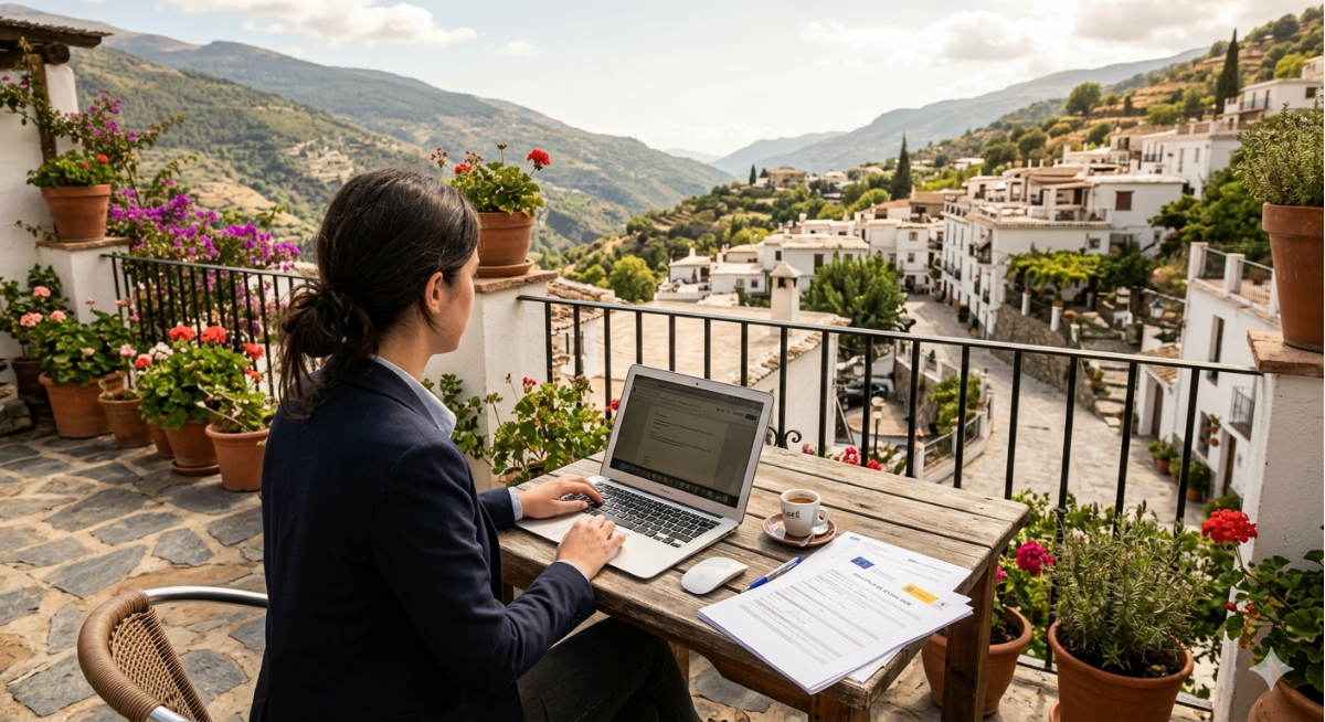 Estilo de vida tranquilo en una casa de campo del sur de Europa con luz natural y vistas al entorno rural. Representa el futuro seguro y la calidad de vida que valida el Informe de Viabilidad Personal de Hogar Iberia.
