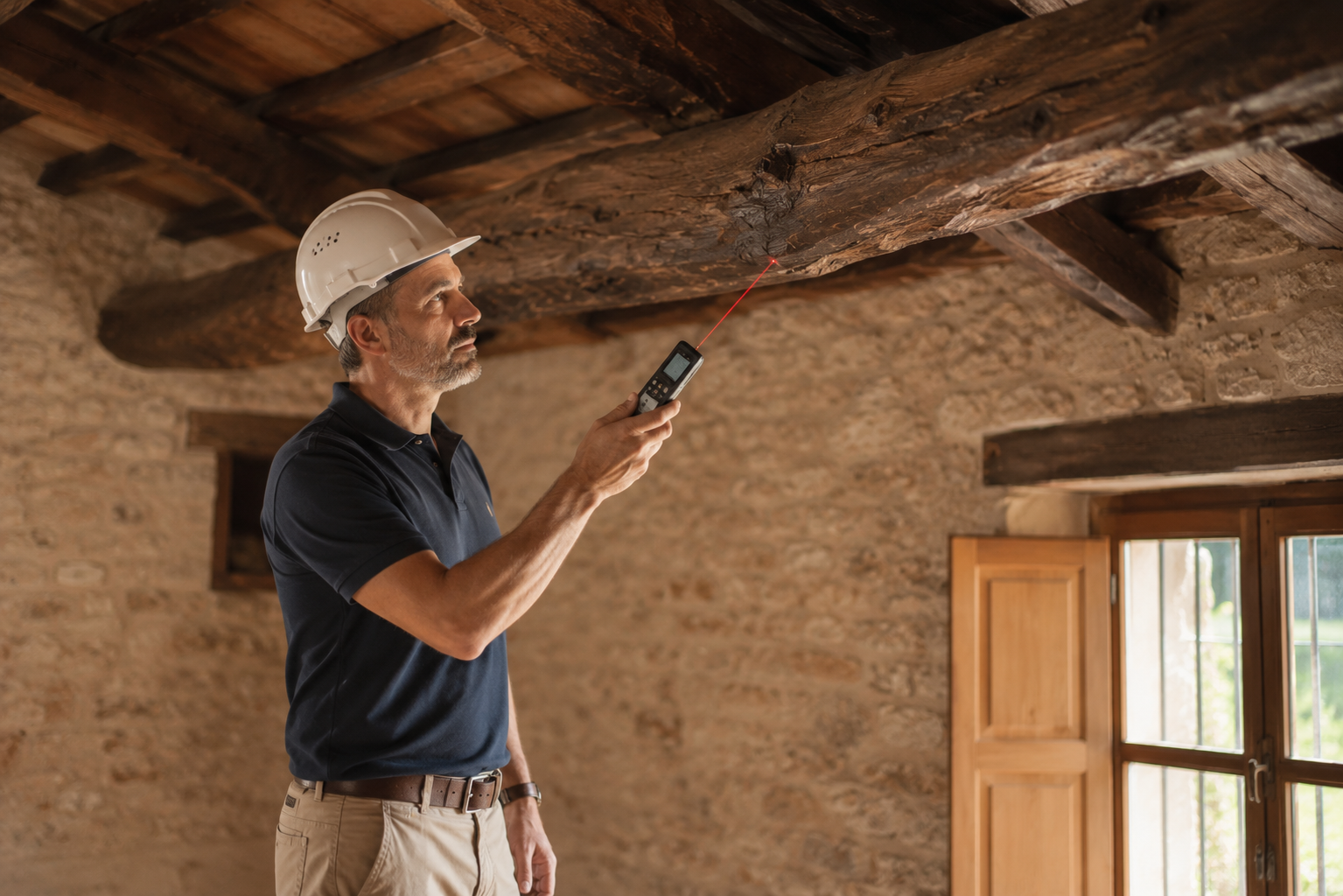 Arquitecto realizando mediciones con medidor láser en la estructura de madera del tejado de una vivienda tradicional.