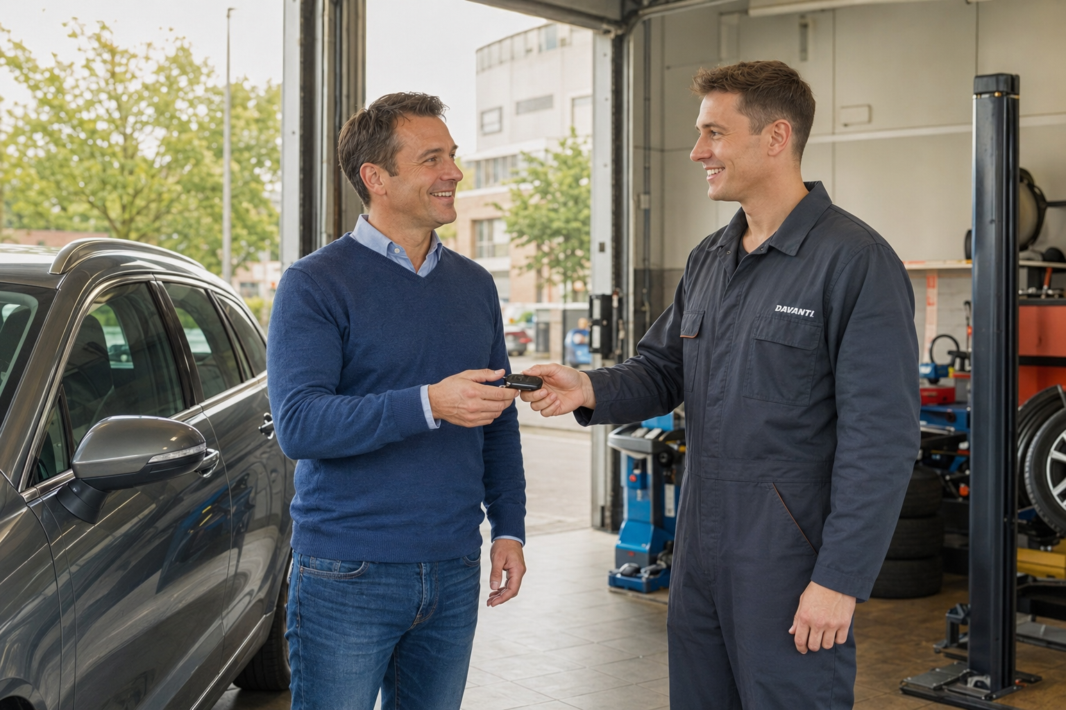Bandenmonteur overhandigt sleutels aan eigenaar auto