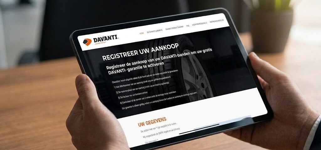 Voorbeeld van de Davanti-garantie website op tablet