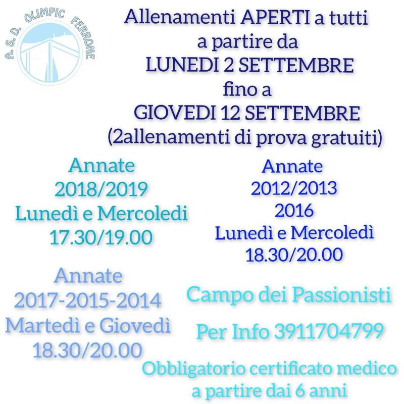 Orari 2024/25 di allenamento Scuola Calcio