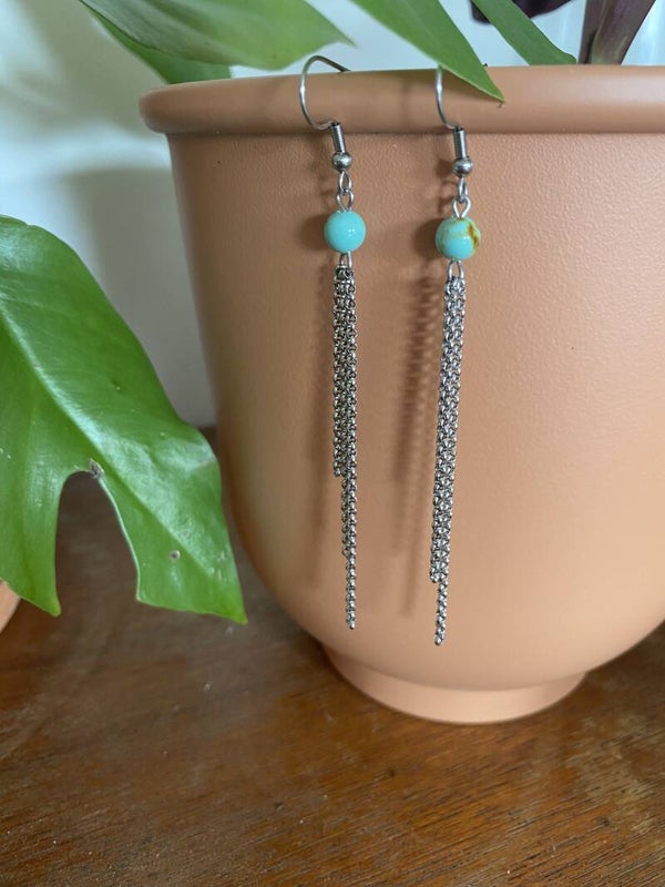 Natural Stone Long Earrings - Silver