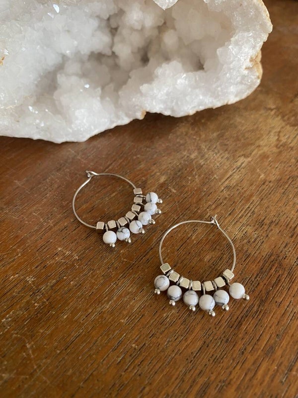 Natural Stone Hoops - Silver