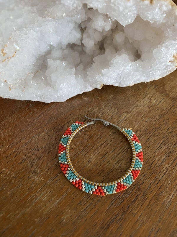 Big Hoop Miyuki Earrings - Aztec Pattern - Silver